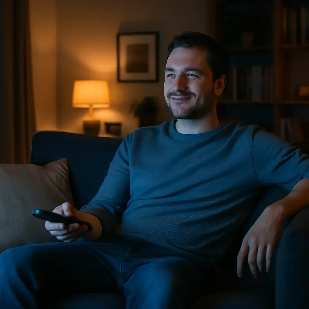 Man relaxing on a sofa at night watching IPTV, representing satisfied user experience with Kickerstream’s channels list